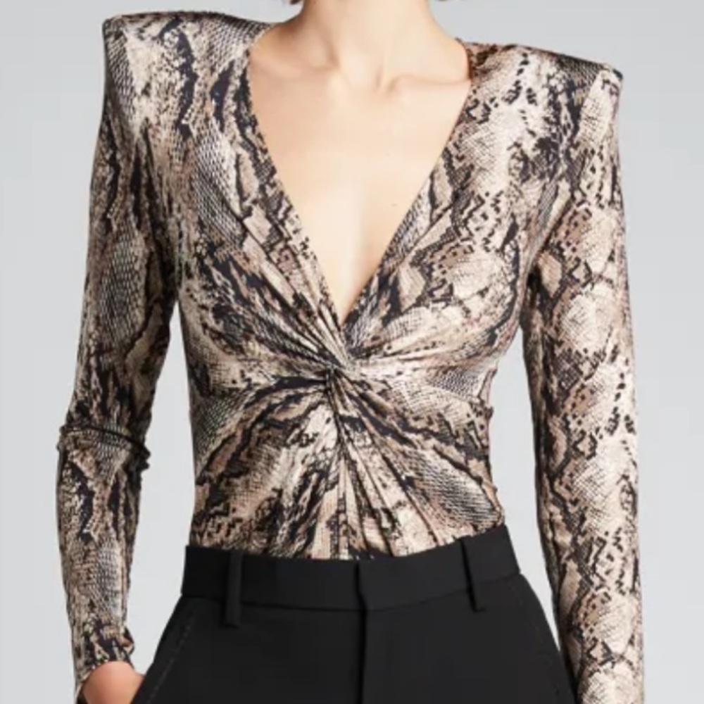 L'AGENCE Snake Print Twist-Front Bodysuit in Beige and Black